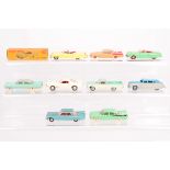 Dinky Toy American Cars, 131 Cadillac Tourer, in original box, yellow body, cerise interior, grey