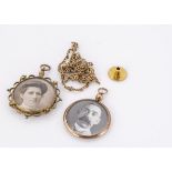 Two Edwardian 9ct gold open faced lockets, circular design, one with crimped rim, and flower design,