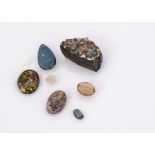 Two small loose precious opals, an opal doublet, a rough opal pebble and other simulated opals