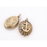 Two gold fronted late 19th early 20th century lockets, one centred with an anchor, against a