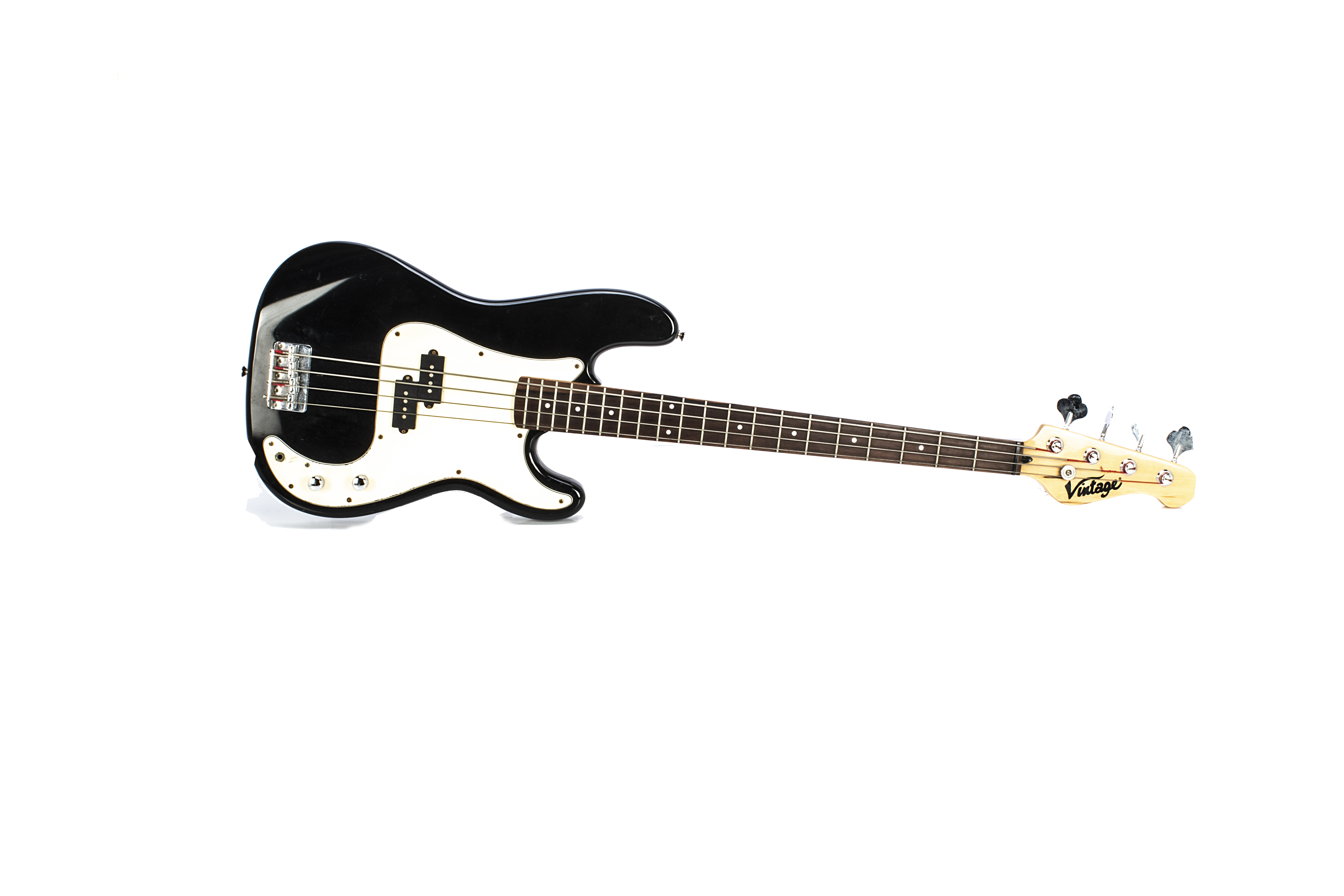 Vintage Bass Guitar, a Vintage Bass Guitar black with white pick guard, some light wear but