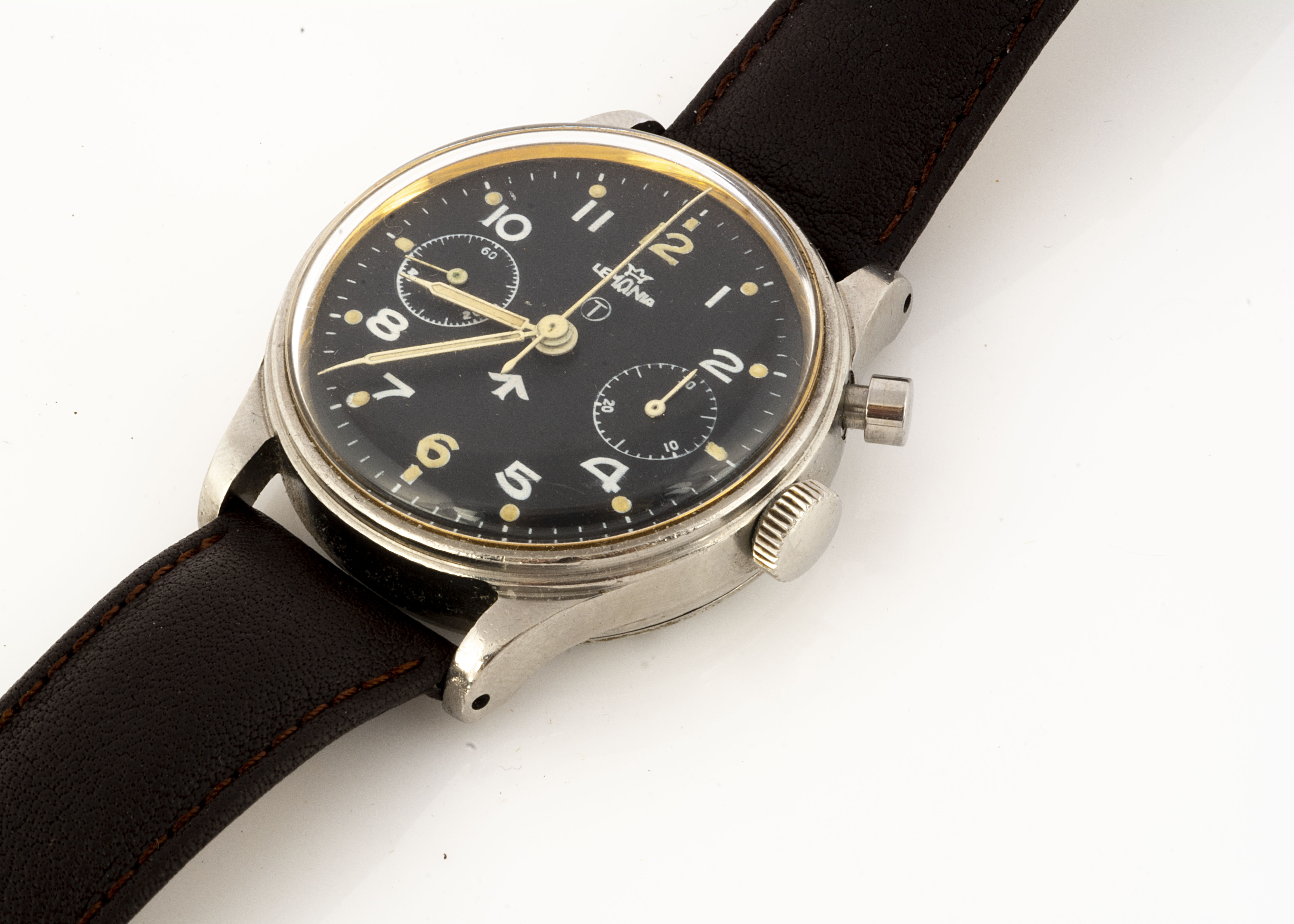 A c1970s Lemania Military issued stainless steel cased wristwatch, 39mm, black dial with two