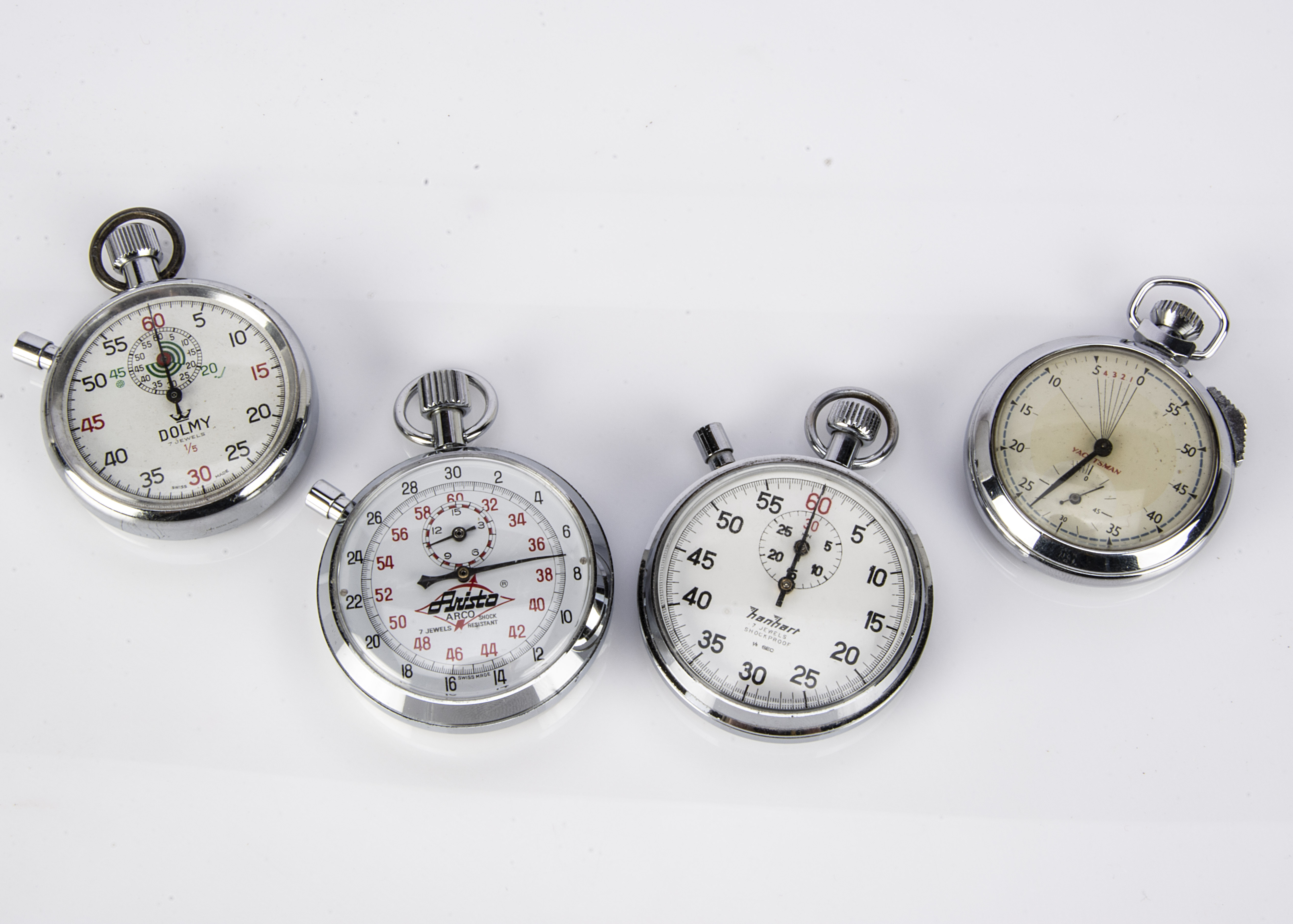 Four vintage stopwatches, including an Arista, an Hanhart, a Dolmy and a Yachtsman, alla appear to