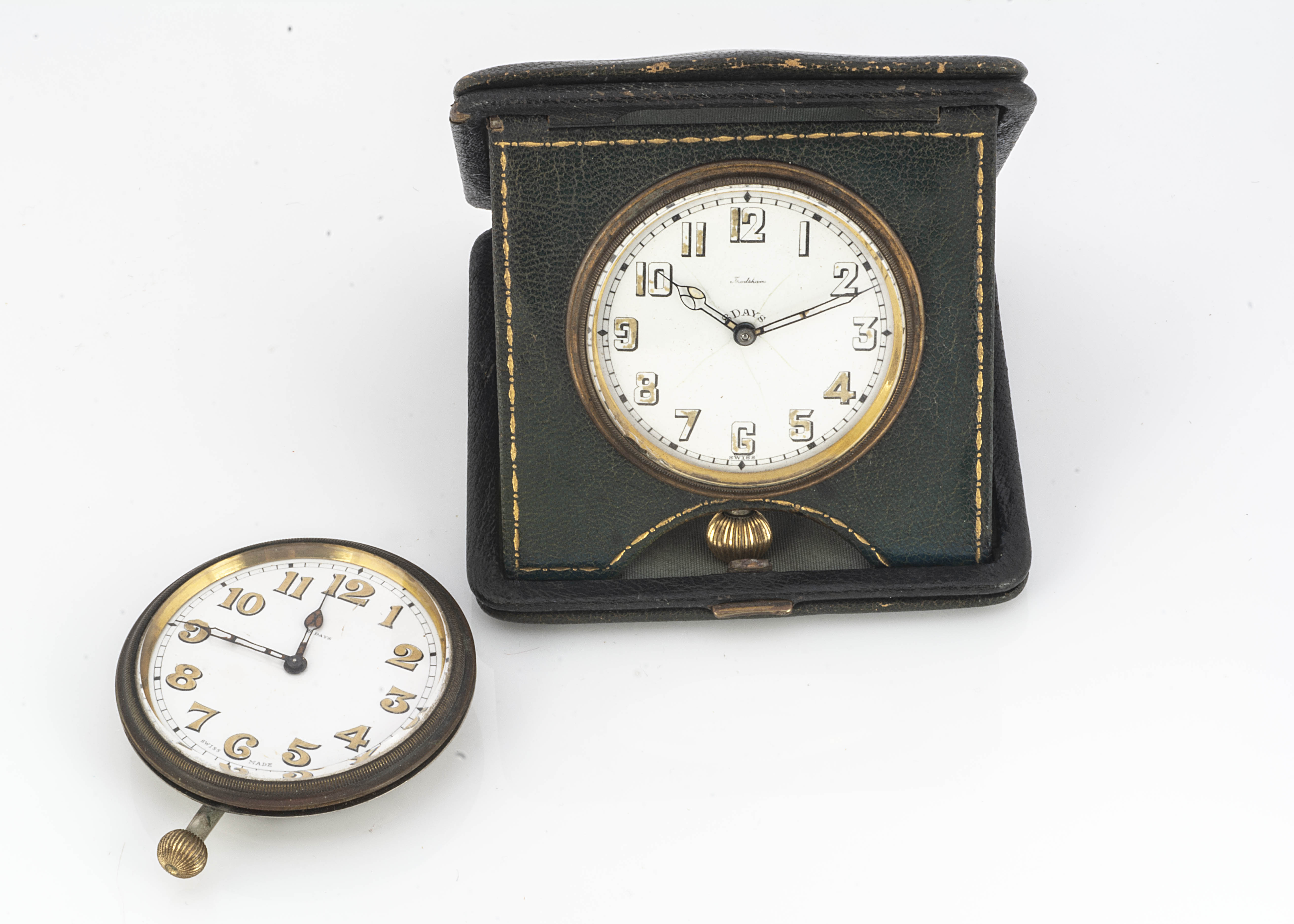 Two vintage dashboard / travel clocks, AF, one by Frodsham, in green leather case, both appear to