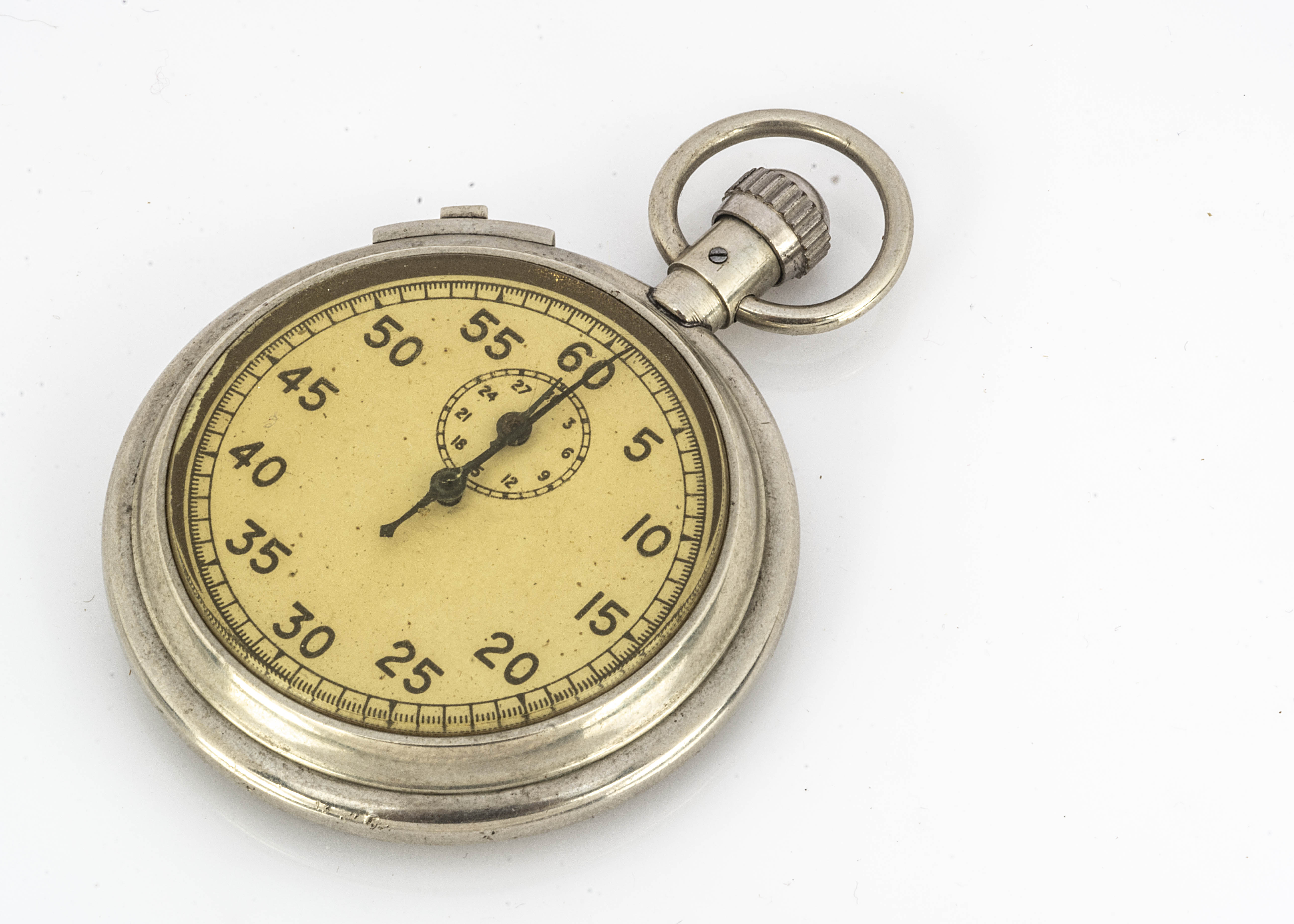 A WWII period stopwatch, 54mm, marked to rear cover, running, typical signs of wear, marked Cuprel