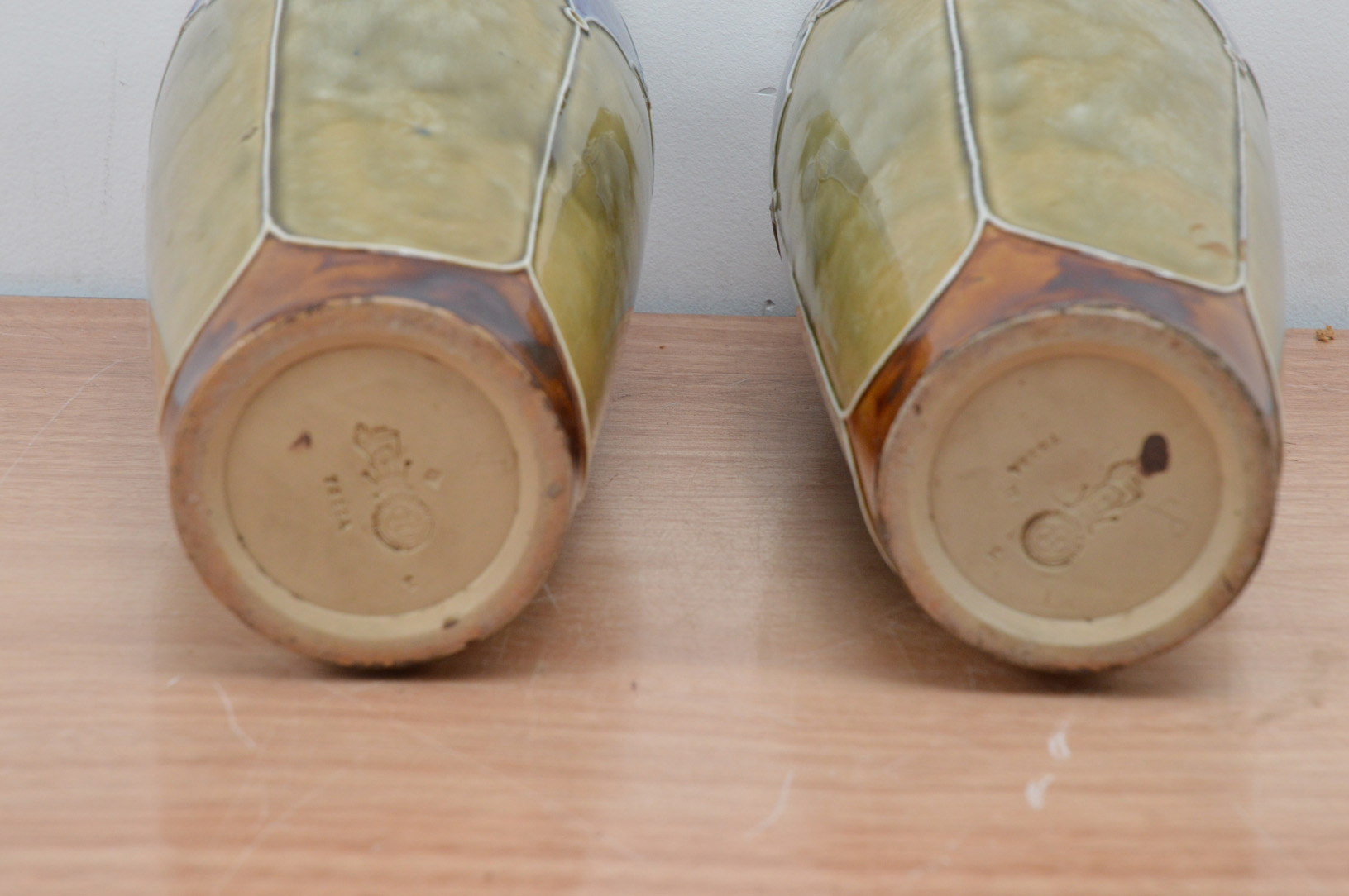 A pair of Royal Doulton stoneware vases, with green and blue design, both with imprinted marks to - Image 2 of 2