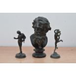 A cast metal bust of St. Paul, 20.5cm high, together with two small bronze classical figures AF (3)