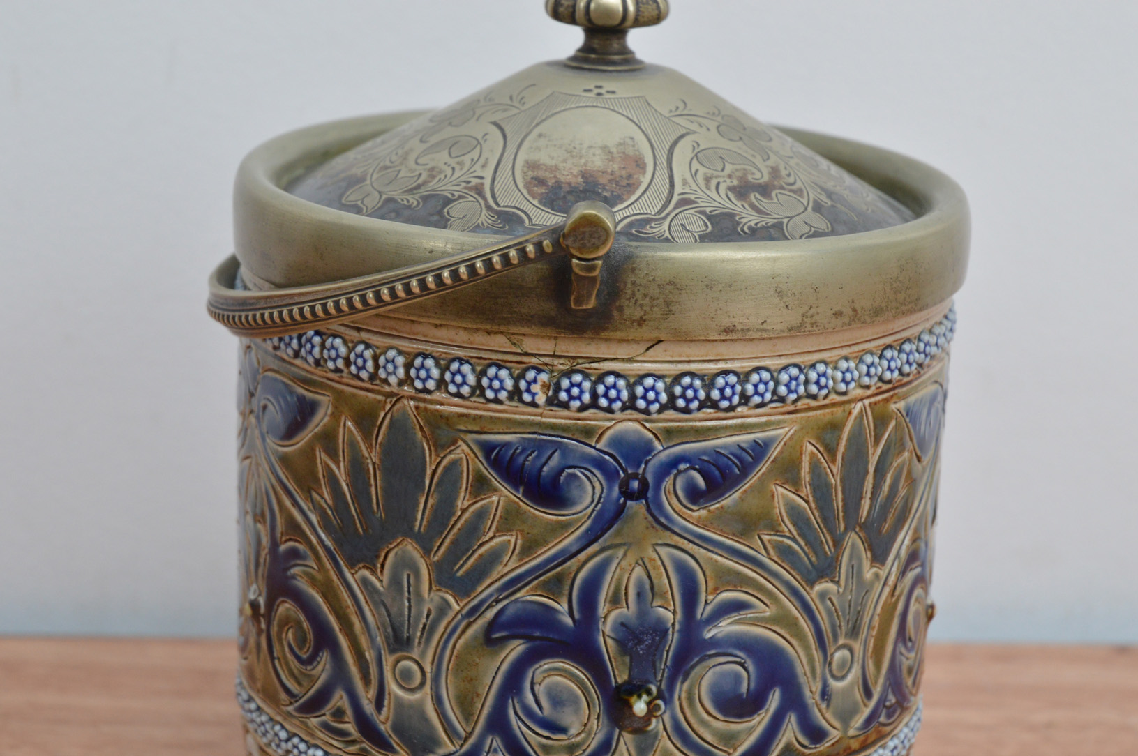 A 19th century Doulton Lambeth jar and cover, metal cover, rim and carrying handle, impressed mark - Image 2 of 3