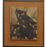 Prayat Pongdam (Thai 1934-2014), owls, oil on board, signed bottom left, framed, frame size 45cm x