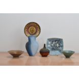 A collection of 20th century studio pottery, comprising two small shaped porcelain bowls by