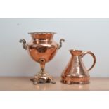 A Victorian copper water urn, missing the lid and tap, one handle broken, 36.5cm high, together with