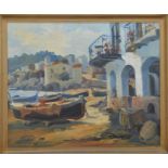 Spanish 20th century school, boats by the shore, oil on canvas, framed, signed lower left Sarguella,