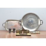 A collection of assorted metalware's, comprising two different shaped handled silver plate trays,