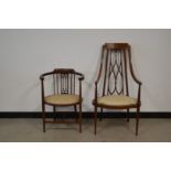 Two Edwardian mahogany and string inlaid bedroom chairs, of differing styles and designs, the taller