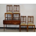 A 19th century mahogany Pembroke table, the top worn, with frieze drawer with wooden handles, raised