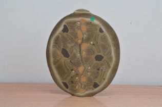 Mal Magson (British b. 1950), a flattened stoneware flask, dark brown, with multi-coloured