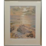 Five framed works, C.F.E. Harvey (British 20th century),A Cornish fishing harbour scene, signed