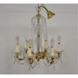 A 20th century six branch chandelier, gilt decoration with glass drops, 55cm
