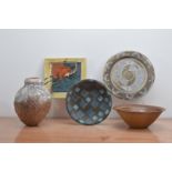 A collection of 20th century studio pottery, comprising a stoneware platter by Ann Wrighton, incised