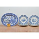 A collection of blue and white ceramics, comprising a large early 19th century platter, and a