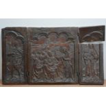 Three 18th century Continental carved wooden panels, possibly from a coffer, the panels depicting