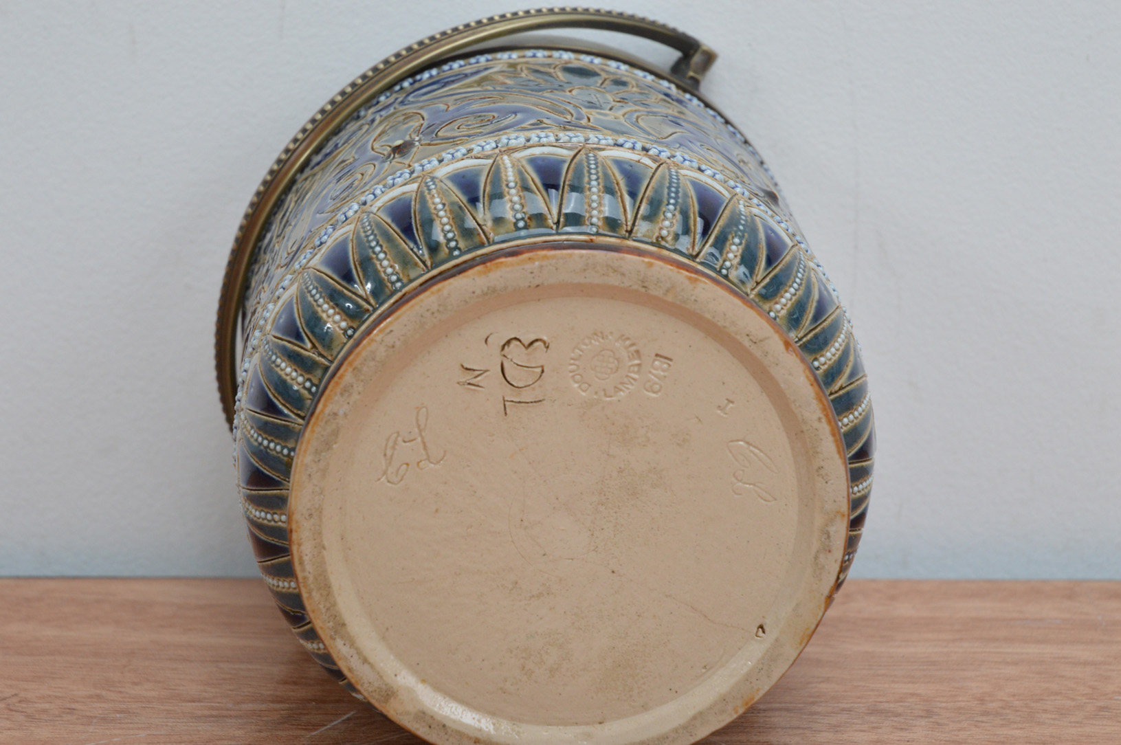 A 19th century Doulton Lambeth jar and cover, metal cover, rim and carrying handle, impressed mark - Image 3 of 3