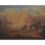 19th century English School, meeting friends on horseback, oil on canvas, unframed, some wear and