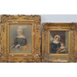 19th century English School, two watercolour portraits, one of a lady, the other a mother and child,