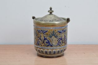 A 19th century Doulton Lambeth jar and cover, metal cover, rim and carrying handle, impressed mark