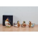 Four Royal Crown Derby bone china paperweights, all ducks, The Collectors Guild Duck, Green Winged