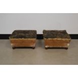 A pair of Victorian footstools, require upholstery, with mahogany bun feet, 18cm H x 38cm W x 38cm D