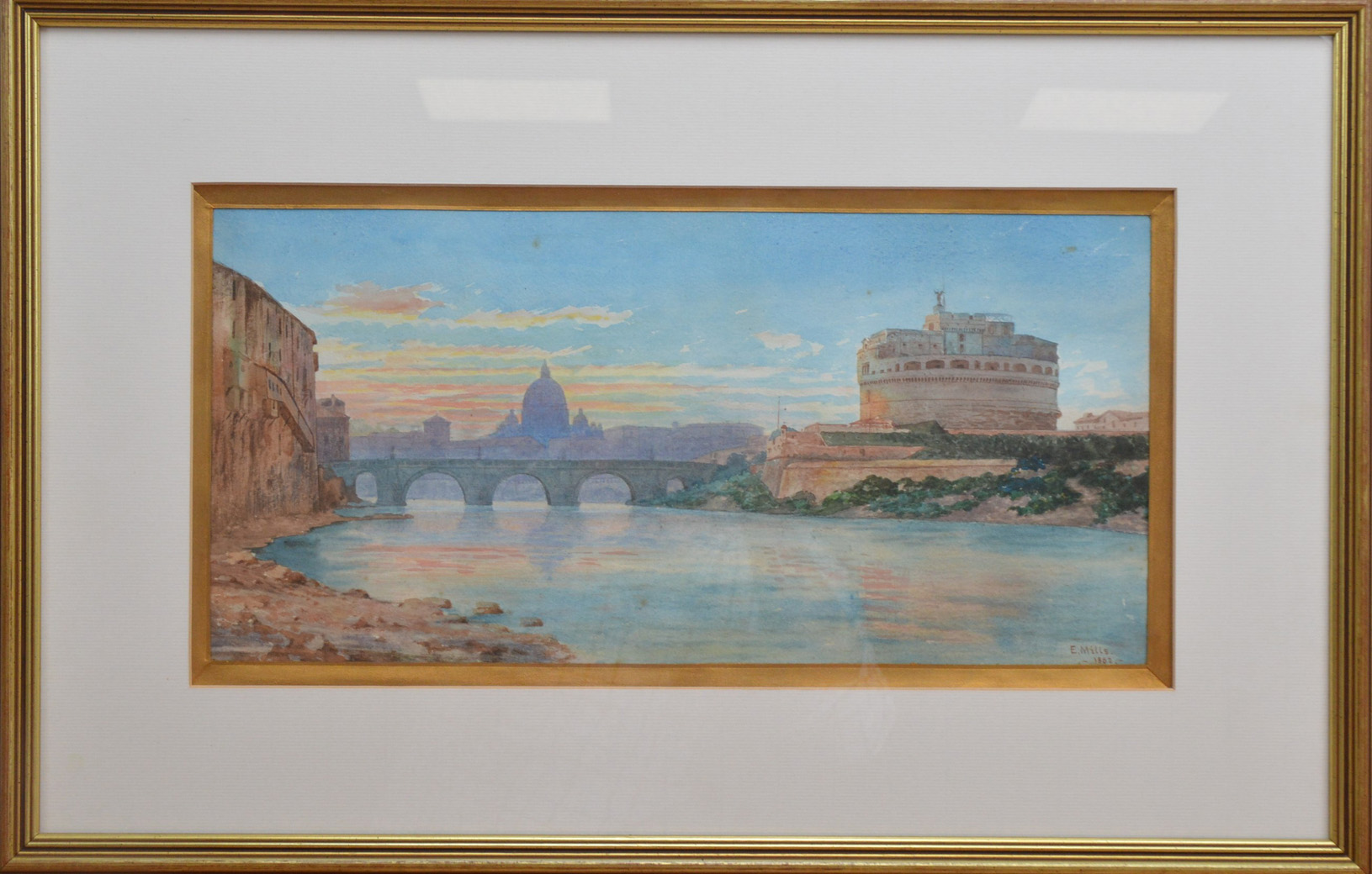 E. Mills (19th century), a view of Castel Sant'Angelo from the banks of the River Tiber, signed