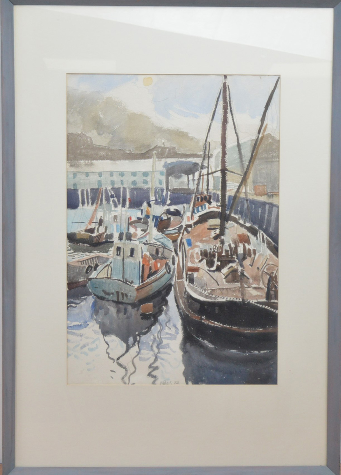 Miles (British 20th century), boats in the harbour, watercolour on paper, signed and dated '72 to