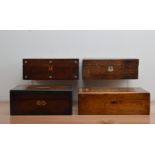 Four 19th century and later wooden boxes, of different styles and wood, two with mother of pearl