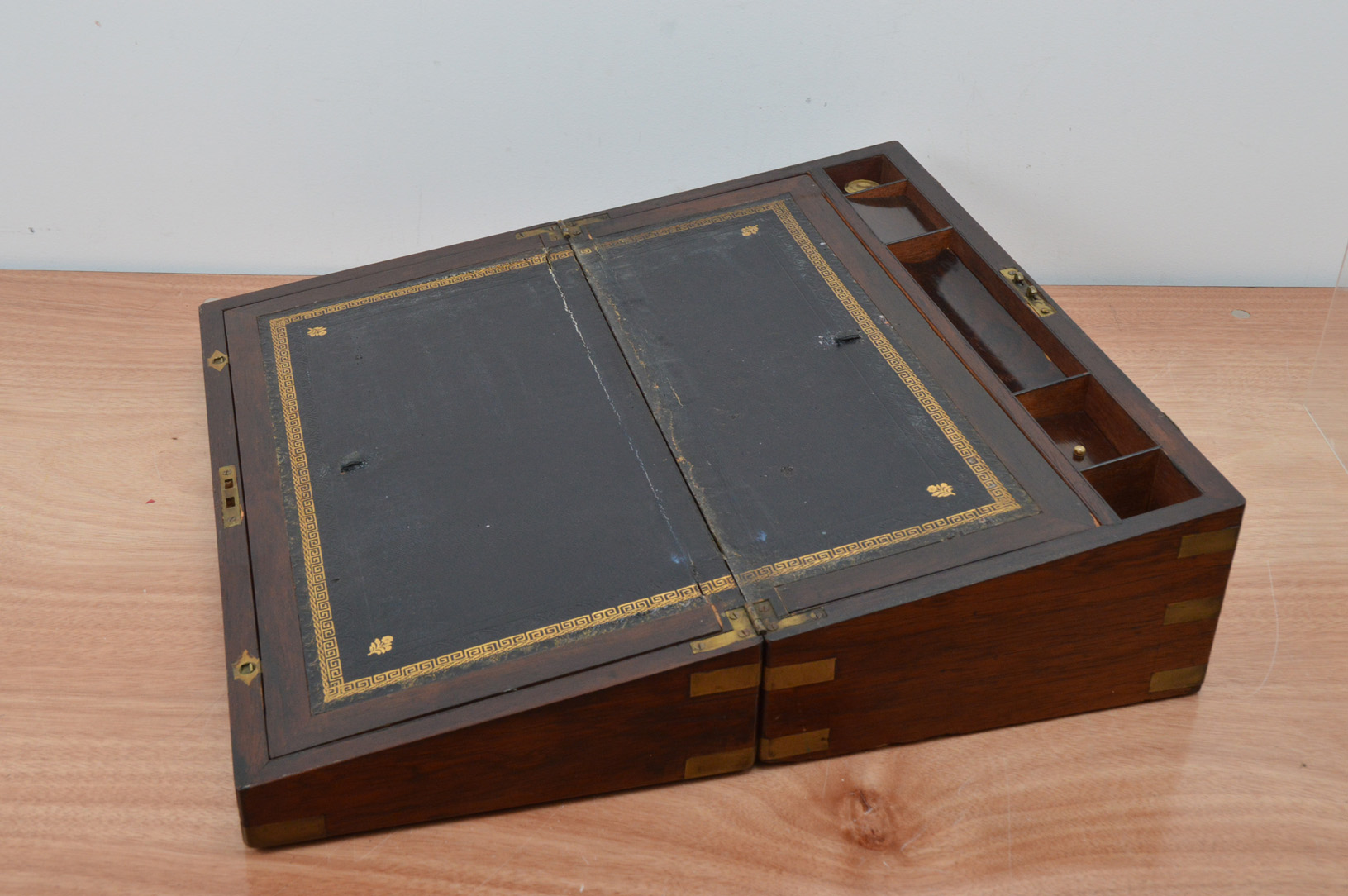 A 19th century mahogany and brass banded writing slope, fitted interior with a black tooled - Image 2 of 2