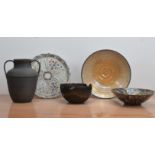 A collection of 20th century studio pottery, comprising an earthenware bowl, wavy lustre decoration,