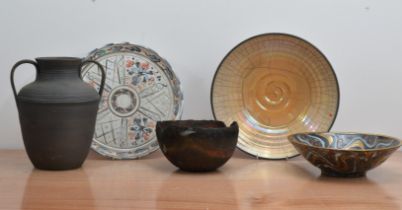 A collection of 20th century studio pottery, comprising an earthenware bowl, wavy lustre decoration,