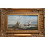 British 20th century, fishing boats off the shore, oil on board, signed J. Derbac? Bottom right,