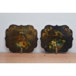 A pair of Victorian hand painted papier Mache ladies facial hand-held fire screens, both handles