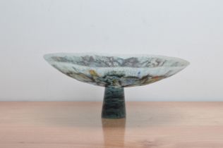 A studio glass footed bowl/centre-piece, multi-coloured opaque glass, marked on the underside of the