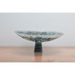 A studio glass footed bowl/centre-piece, multi-coloured opaque glass, marked on the underside of the