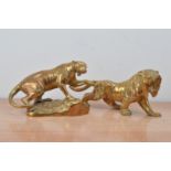 Two brass 20th century Far Eastern animals, comprising a tiger and lioness 36cm x 30cm (2)