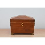 A 19th century mahogany tea caddy, with a two compartment interior, two metal carrying handles,