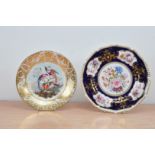 Two 19th century porcelain Derby plates, one with a foliate scroll gilt border, with hand painted