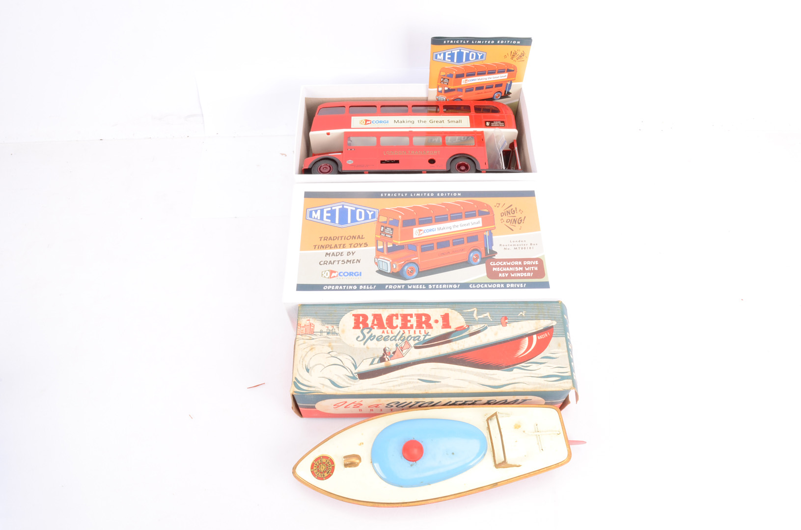 Mettoy Corgi Routemaster and Sutcliffe Model Speed Boat, both boxed, Mettoy tin plate Routemaster