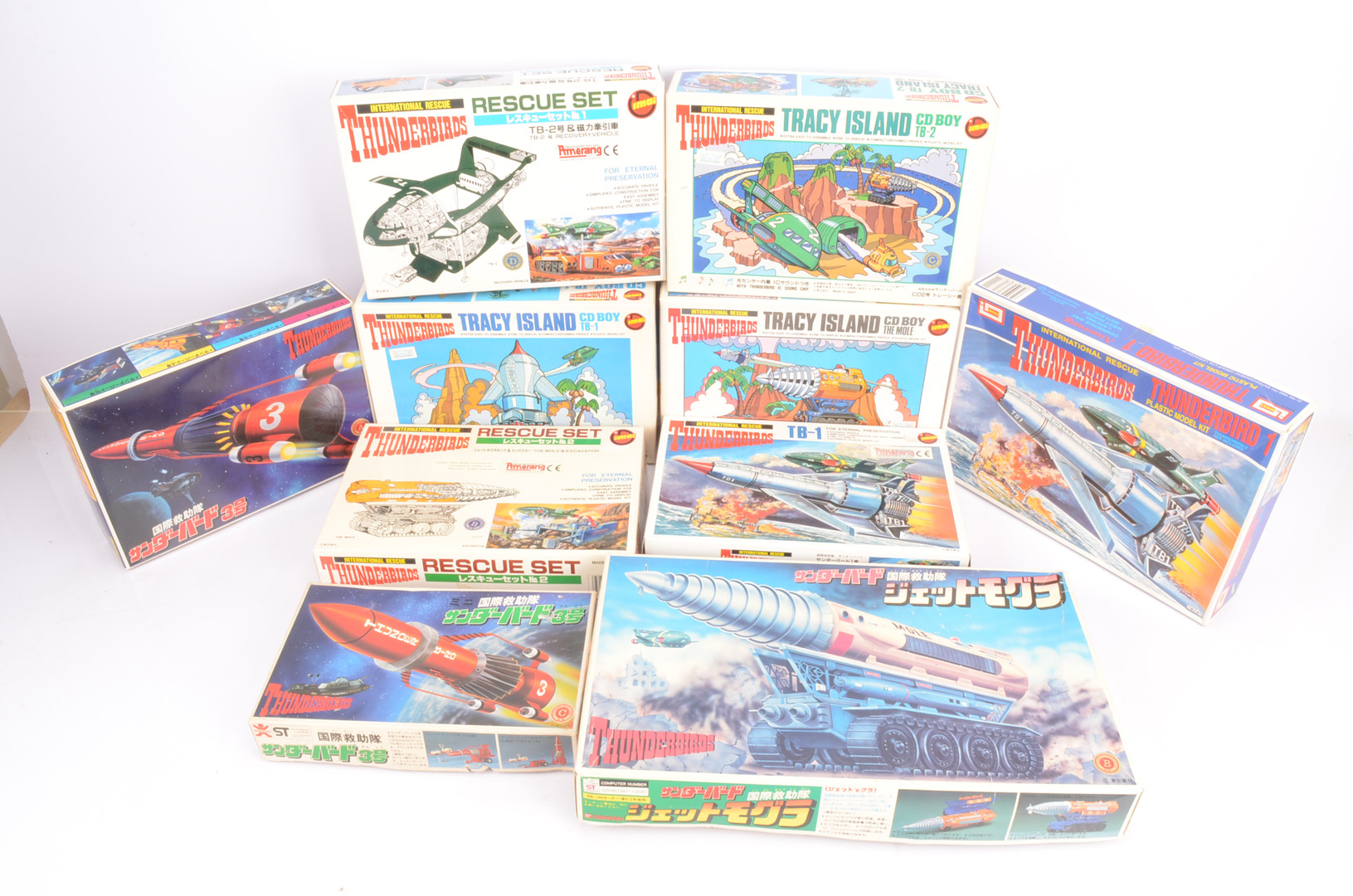 Thunderbirds Kits, a boxed group, Bandai 0536190 Mole, 36183 Thunderbird 3, 0536187 Thunderbird 3,