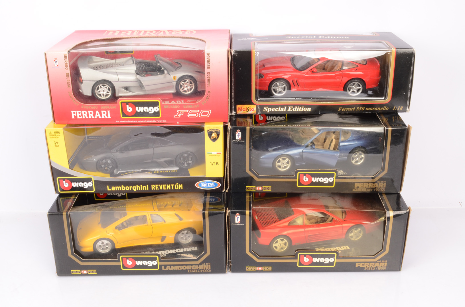 1:18 Scale Diecast Ferrari and Lamborghini, six boxed examples, Lamborghini, Burago, 11029 Reventon,