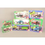 Siku 1:32 Scale Tractors, a boxed group, Massey Ferguson 3750 MF284 S with trailer, 2868 model 9240,