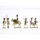 Lucotte, 1st Empire Grenadiers marching at the slope, with mounted officer, flag bearer and drummer,