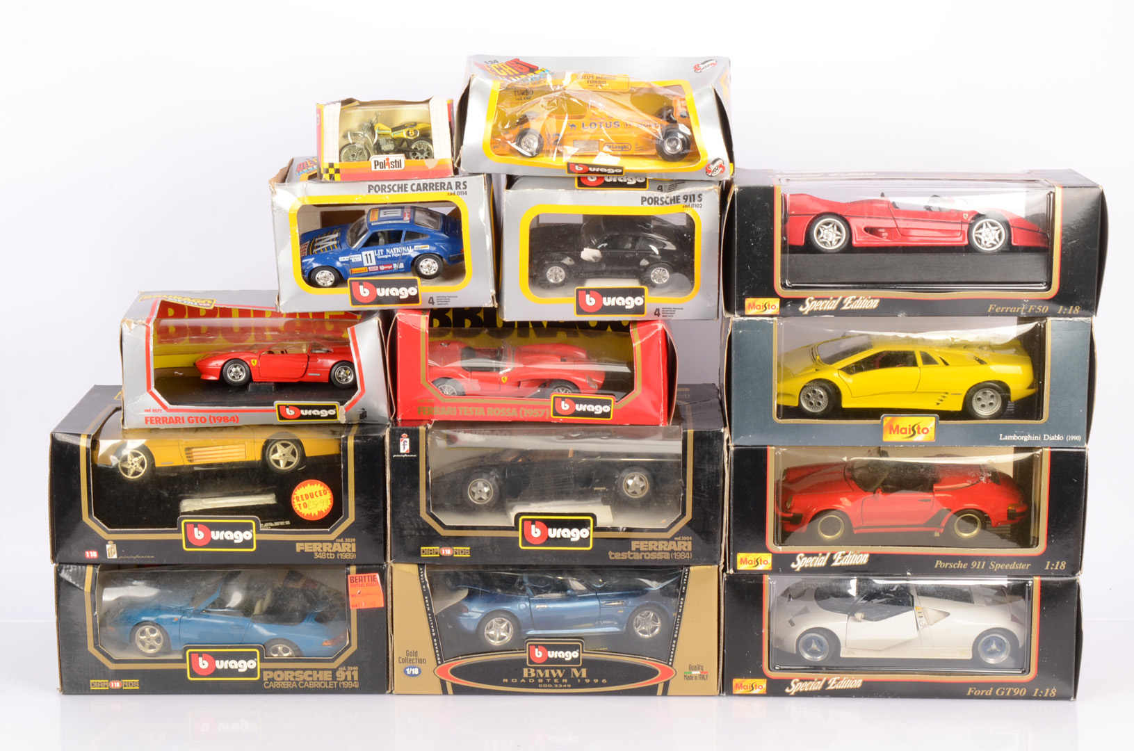 1:18 Scale and 1:24 Scale Diecast Cars and Motorbike, a boxed collection of mainly modern cars, some